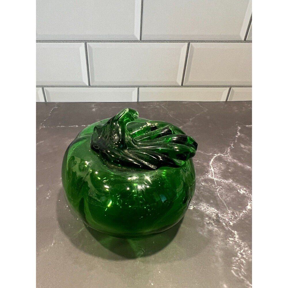 Vintage Hand Blown Emerald Green Art Glass Pumpkin  Fall Harvest Decor